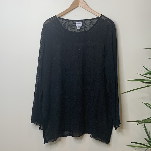 Chico’s | Black Silk Beaded Sheer Bell Sleeve Textured Embroidered Tunic Top 2 M - Picture 17 of 17